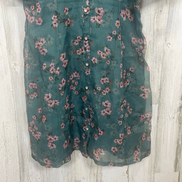 RAHI Anthropologie Teal Floral Mini Dress Size M Sheer Puff Sleeve Button Front - Picture 3 of 8